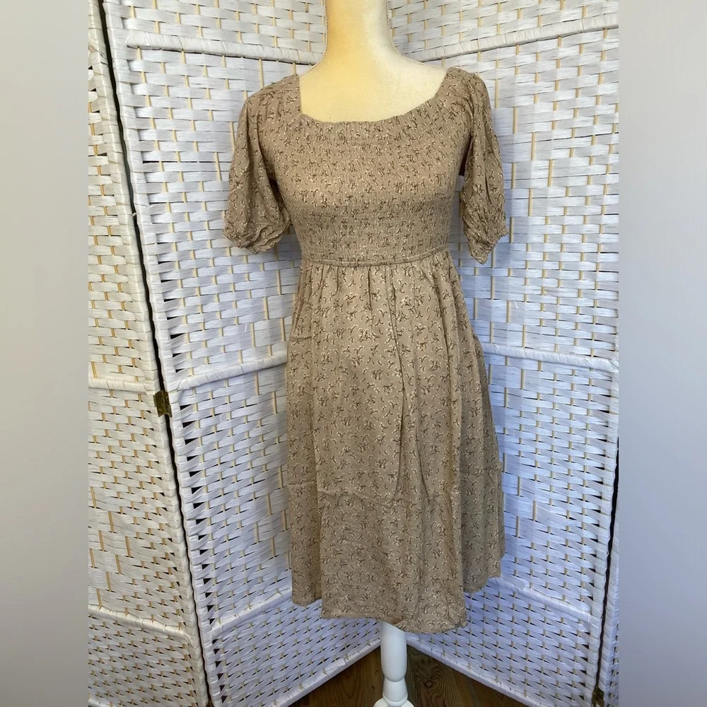 NWT Hem & Thread Taupe Floral Off Shoulder Puff Sleeve MIDI Dress size S - Picture 6 of 15